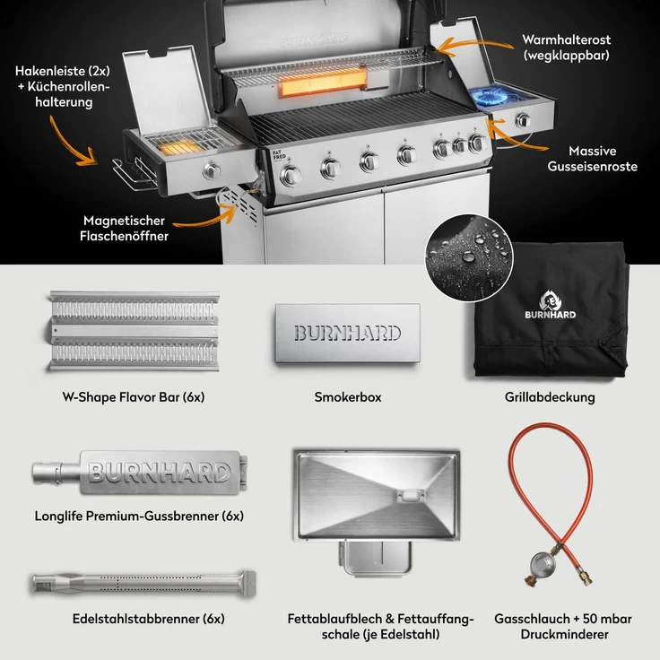 BURNHARD® Fat FRED Deluxe+ Gasgrill 6-Brenner, Gusseisenrost, Edelstahl - Silber - #947152 – Bild 4