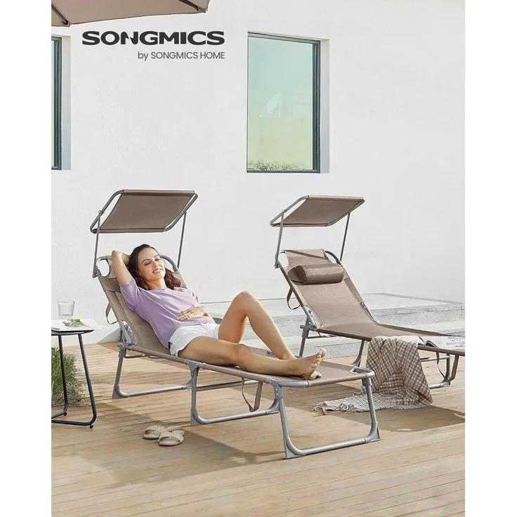 Songmics Sonnenliege, Klappliege, 193 x 53 x 29 cm, Tragkraft 150 kg, mit Sonnenblende und neigbarer Rückenlehne, für Garten, Pool, Terrasse, Taupe GCB192K01 – Bild 2