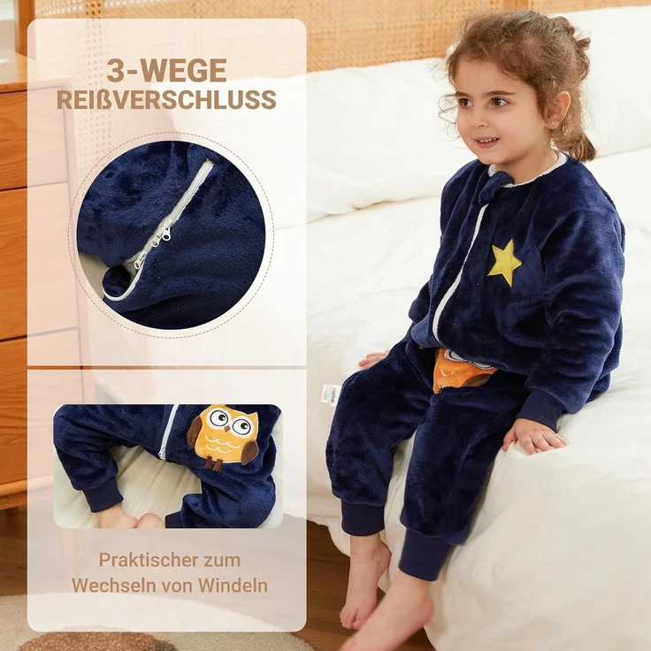 XQ&XG Baby Schlafsack mit Füßen 2.0 Tog,Kinderschlafsack mit langen Ärmeln,Schlafsack Kinder mit Beinen für mädchen und Junge,Eule,130 – Bild 4
