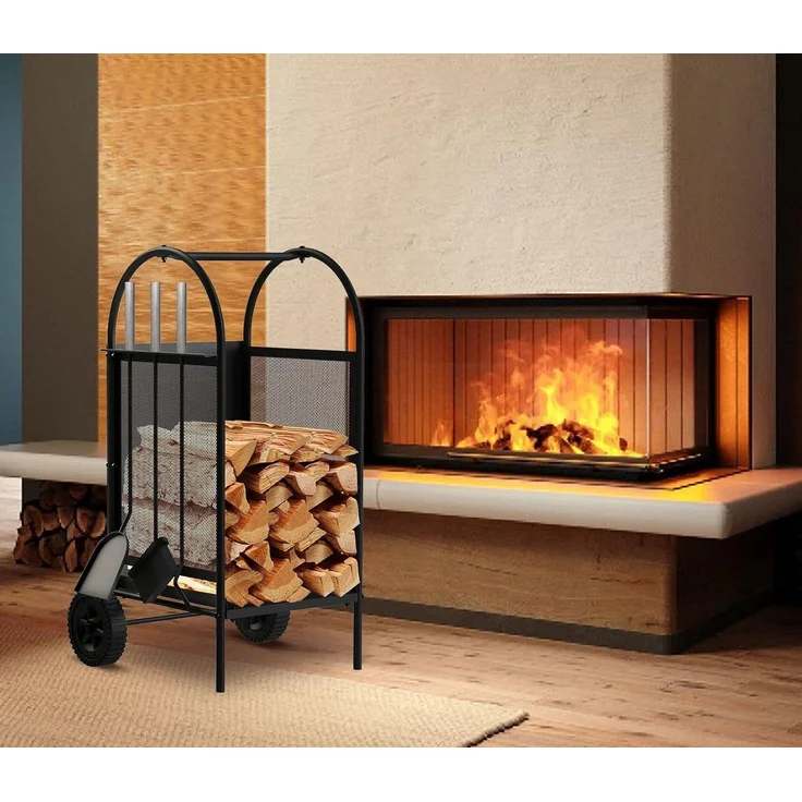 DanDiBo Kaminholzregal Innen Metall Schwarz Kaminholzständer 80 cm mit Kaminbesteck und Rädern 96358 Kaminholzwagen – Bild 3