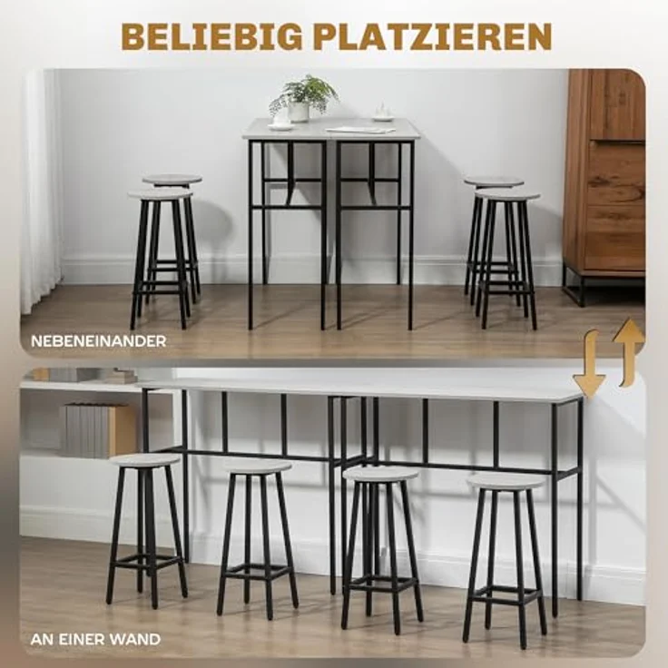 HOMCOM Bargruppe Bartisch-Set im Industriedesign, (Set, 6-tlg), 6-teilig Essgruppe 2 Bartisch mit 4 Stühlen Grau, Schwarz – Bild 4