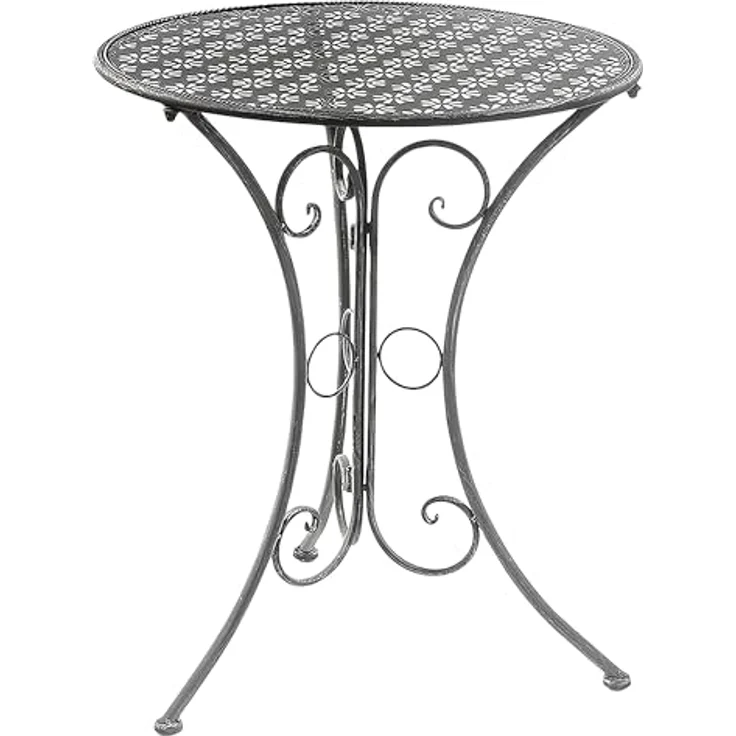 Kobolo Dekorativer Gartentisch, grauer Metalltisch mit Blumenstanzungen, 60 cm Durchmesser, Höhe 70 cm – Bild 1