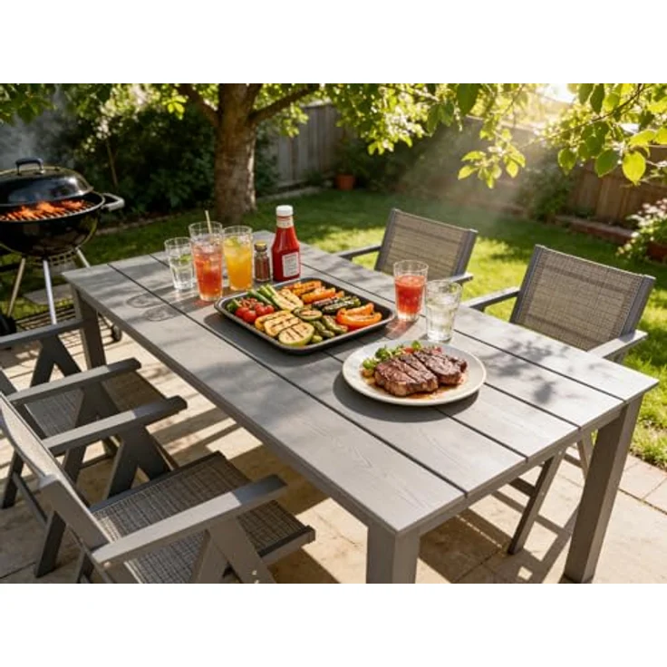 HIPS Outdoor Dining Table with Umbrella Hole, Rectangular Patio Table, Weather Resistant Dining Table for Backyard, Garden, Poolside (Carbon Grey) – Bild 7