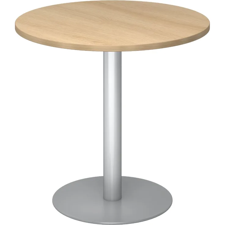 bümö Besprechungstisch, Esstisch klein, Tisch rund 80 cm - kleiner Esstisch Eiche, Rundtisch Esstisch 2 Personen mit Holz-Platte, Säule aus Metall in silber, Konferenztisch, Bistrotisch, STF08-E-S