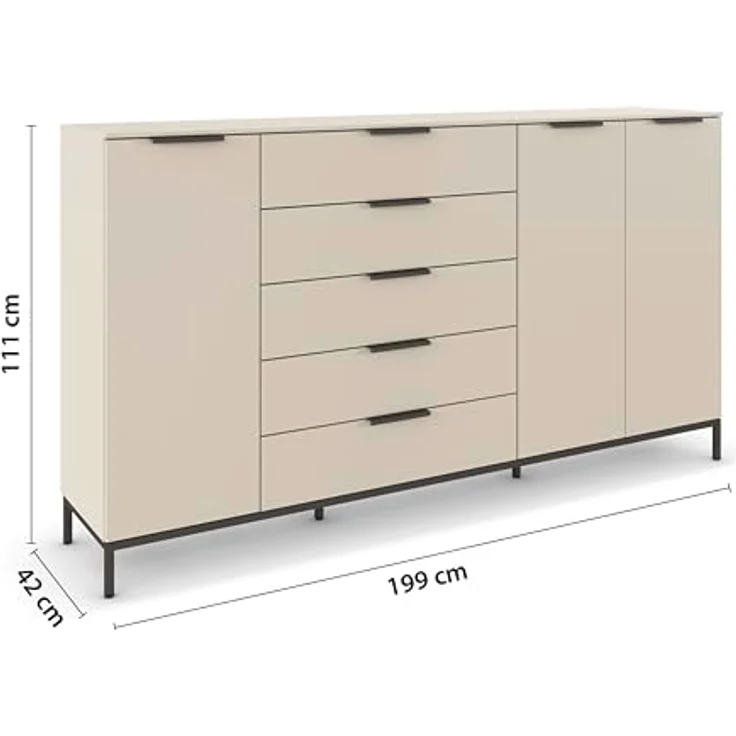 Rauch Möbel Flipp, Nachttisch für Schlafzimmer, Kinderzimmer, Wohnzimmer, Flur, Garderobe, 3-türig, 5 Schubladen, mit Softclose-Funktion, Griffe und Metallkufe Graphit, Farbe Beige, Breite 199 cm – Bild 4