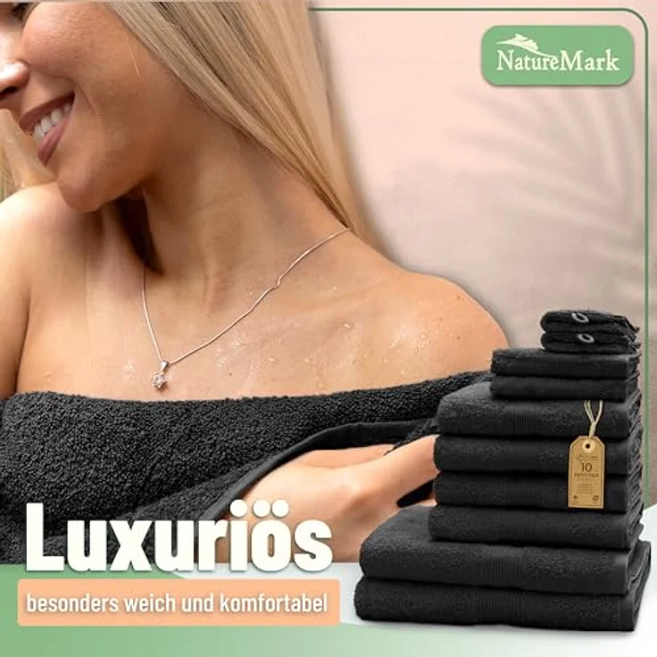 Green Mark Handtuch-Set mit 10 Teilen – 100% Baumwolle – 4 Handtücher 50×100 cm, 2 große Duschtücher 70×140 cm, 2 Gästetücher 30×50 cm und 2 Waschhandschuhe – Schwarz – Bild 8