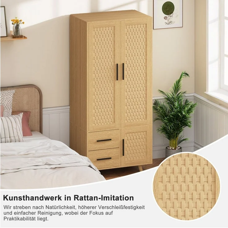 FUROKOY Kleiderschrank Drehtürenschrank mit 3 Schranktüren aus Rattan Garderobenschrank mit 2 Kleiderstangen,2 Schubladen – Bild 3