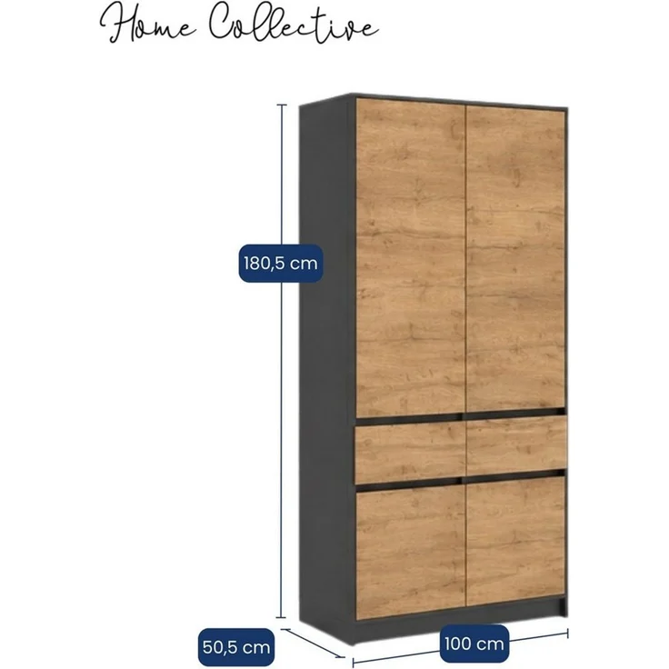 Home Collective Kleiderschrank Schrank Schlafzimmer Garderobenschrank Mehrzweckschrank Hochschrank (100 cm breit, mit 2 Schubladen, Kleiderstange & Einlegeböden) Wäscheschrank, vielseitig, grifflose Front, Anthrazit / Eiche – Bild 2