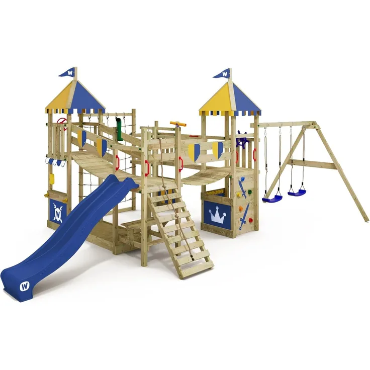 WICKEY 'Spielturm Ritterburg Smart Queen' mit Schaukel & blauer Rutsche, Spielhaus mit Sandkasten, Kletterleiter & Spiel-Zubehör