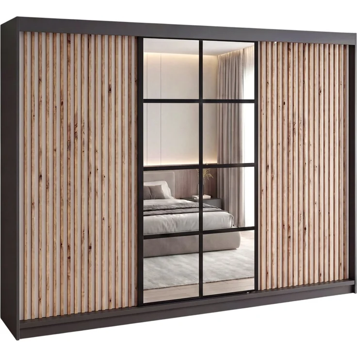A&J MöbelLand 'NORIVO' Schwebetürenschrank, 200 cm, mit Spiegel und 3D-Lamellen, Schwarz, Lamellen: Weiß, Premium + – Bild 1