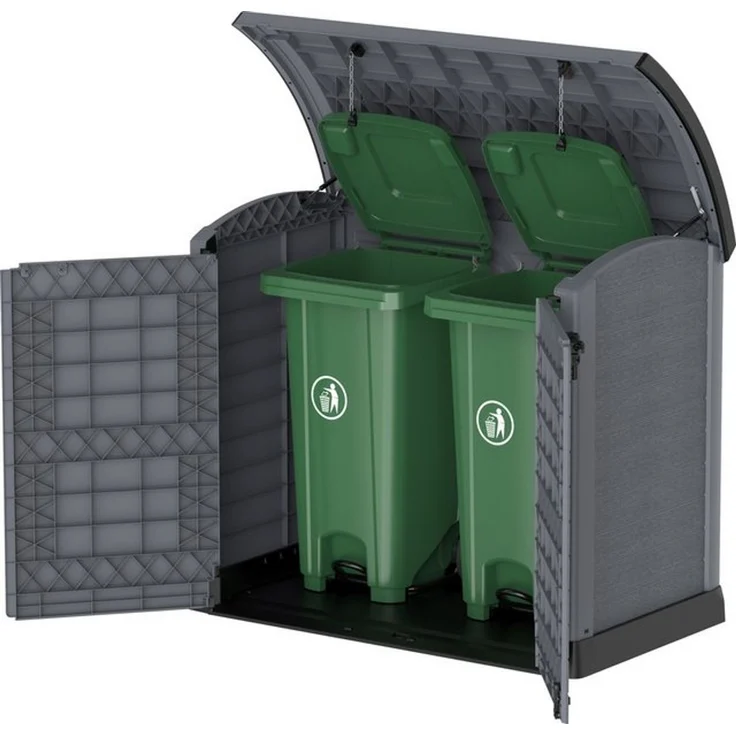 Duramax Cedargrain StoreAway 1200L Gartenhaus aus Kunststoff / Bogendeckel, Mülltonnenbox, Gartenhaus, solide Konstruktion, ideal für Werkzeuge, BBQs und 2x240L Mülltonnen, 145 x 85 x 125 cm, Grau – Bild 4