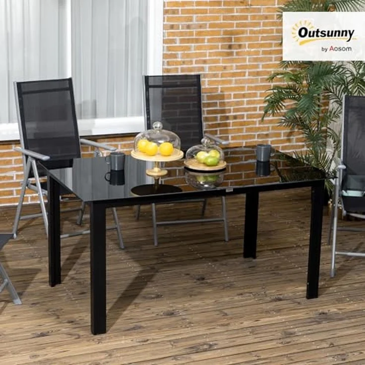 Outsunny Gartentisch Garten Esstisch für 6 Personen, Balkontisch (Partytisch aus Alu, 1-St, Terrassentisch mit Glastischplatte), Schwarz, 150 x 90 x 74 cm – Bild 2