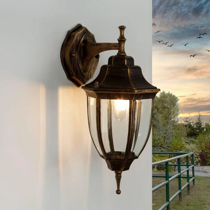 Licht-Erlebnisse Außen-Wandleuchte LYON, ohne Leuchtmittel, Außenleuchte Wand IP44 Kupfer E27 Glas Aluminium Rustikal Außenlampe