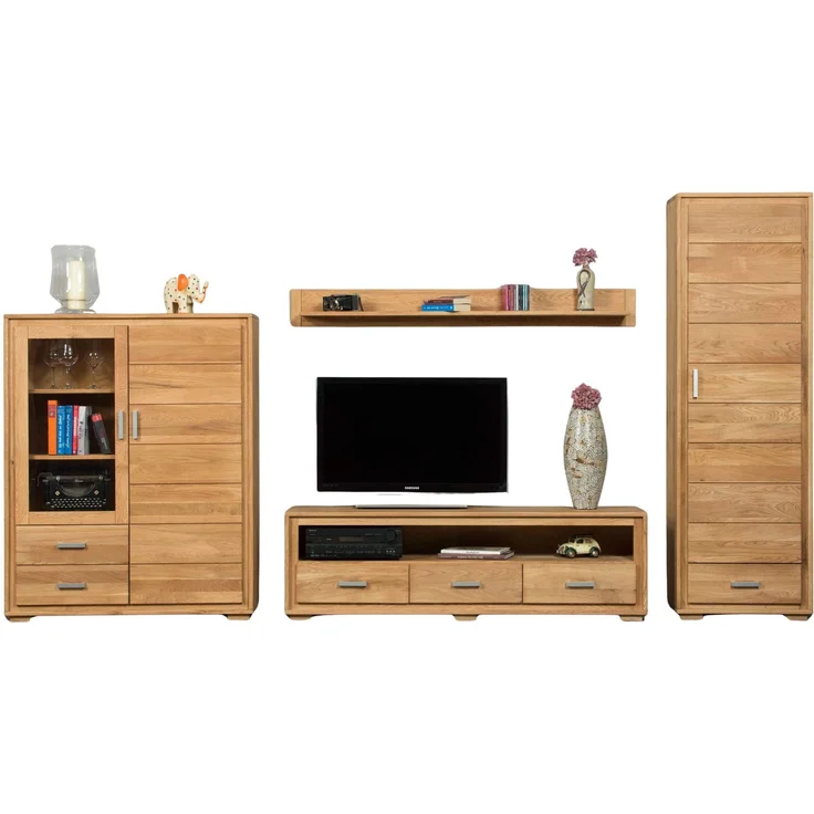 Woodline Wohnzimmerschrank Wildeiche massiv geölt, 4-teilig, Basel Set VI Natur 61x40x193 cm – Bild 1