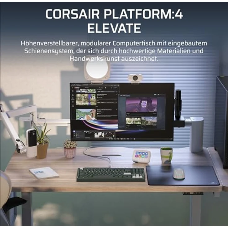 Corsair Platform:4 Elevate, Höhenverstellbarer Elektroschreibtisch 120 cm x 76 cm mit USB-Anschluss und Monitorarm – Weißkiefer Beize – Bild 2