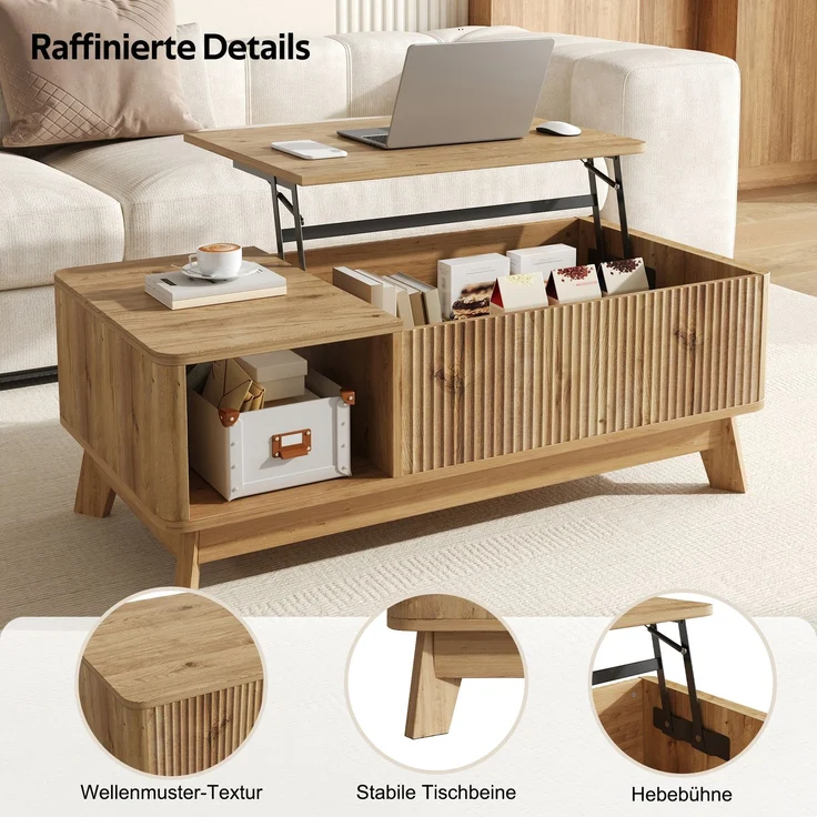 Merax Couchtisch mit Hubfunktion, Wellenoptik, offenes Seitenfach, MDF-Material, Moderner Stil, Natur – Bild 9