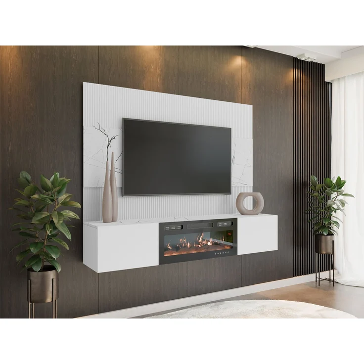 Wohnwand Deromi III mit Kamin (Farbe: Weiß + Weiß Marmor) – Bild 1