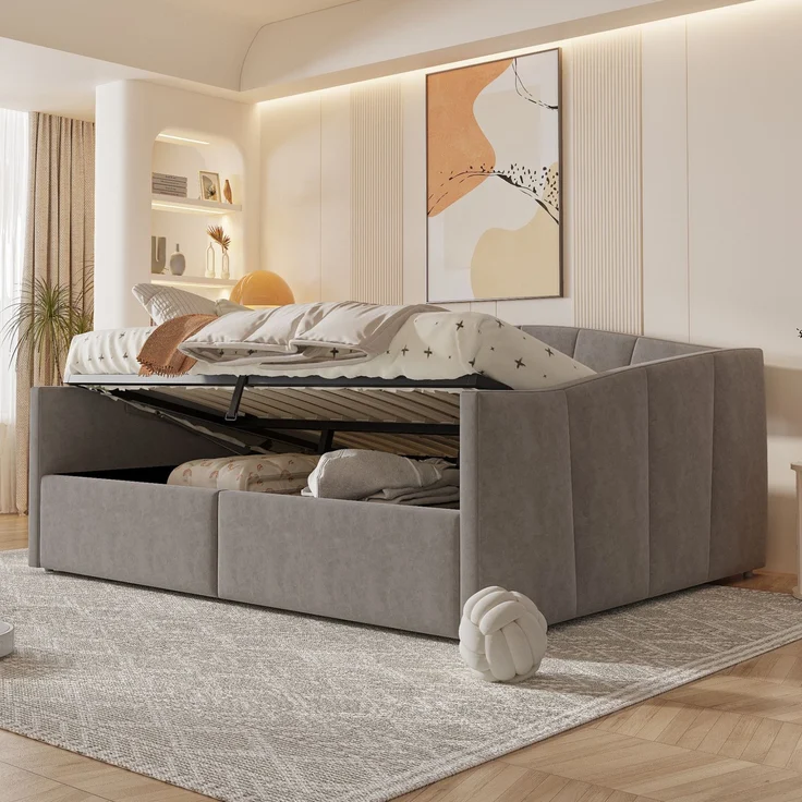 Polsterbett Sofabett 140*200 cm, Mit hydraulischer Lagerung, Mit Lattenrost und Armlehnen, Klassische Streifen, Vielseitiges Doppel, Hautfreundlicher Samtstoff, Grau – Bild 2