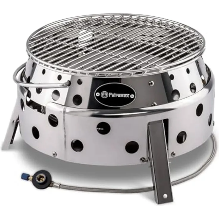 Petromax Atago, Gasgrill Campinggrill, mit Klappmechanismus und Piezo-Zündung, Ø 28 cm, Edelstahl Silber, 19 x 34 x 35,6 cm