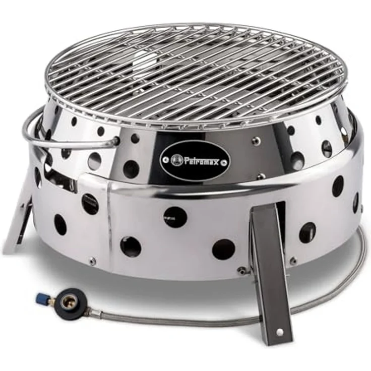 Petromax Atago, Gasgrill Campinggrill, mit Klappmechanismus und Piezo-Zündung, Ø 28 cm, Edelstahl Silber, 19 x 34 x 35,6 cm – Bild 1