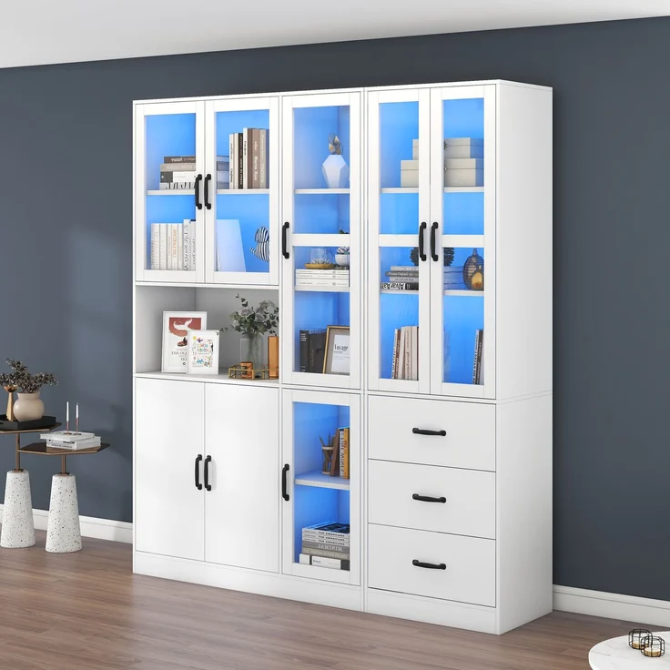 Vitrinen-Set 180x40x200 cm, weiß, mit LED, 8 Türen und 3 Schubladen – Bild 3