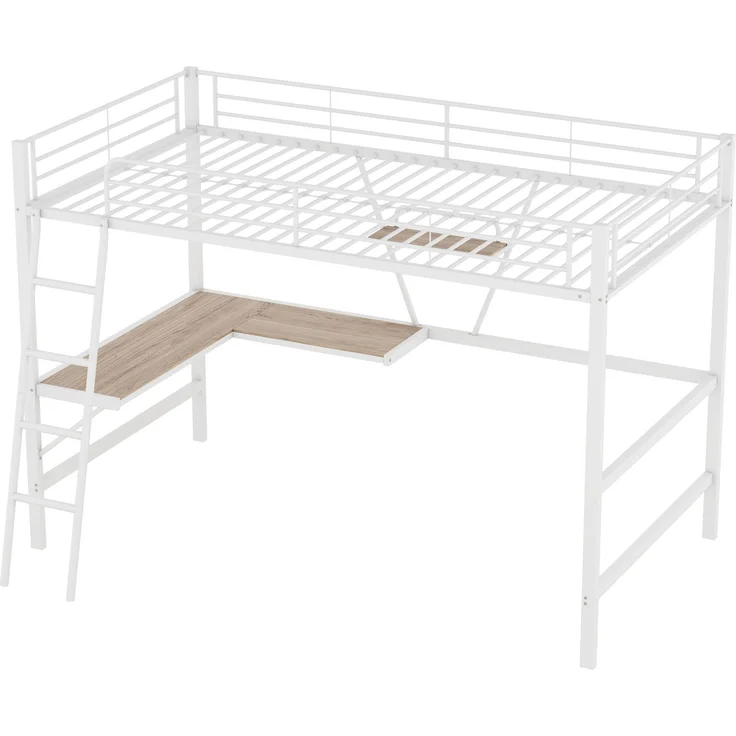 Hochbett, 90x200cm Bettgestell Metallbett, Eisenbett, Hochbett mit L-förmigem Schreibtisch und einem Regal für Kinder, Jugendliche und Erwachsene, Ohne Matratze, Weiß – Bild 7