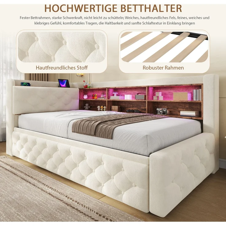 ZUBALIYA Tagesbett, mit Stauraum, mit LED-Beleuchtung, mit USB-C-Anschluss, inklusive Lattenrost, mit Schlaffunktion, Liegefläche 90 × 190 cm, H 84 × T 211 × B 181 cm, Beige, Samt – Bild 8