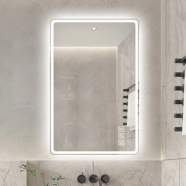 60×120cm Rahmenloser LED Badezimmerspiegel mit Mattierter Frontbeleuchtung, Anti-Beschlag, 3 Lichtfarben, Stufenlos Dimmbar, Memory-Funktion, Horizontal & Vertikal Montierbar, IP44 Wasserdicht--Silber--120x60x2.9cm--YOUDENOVA – Bild 4