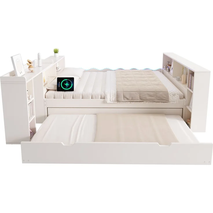 Bett 140x200 cm aus Holzwerkstoffen in Weiß mit Ausziehbett 90x190 cm, LED und Ladeanschlüssen, ohne Matratze – Bild 8