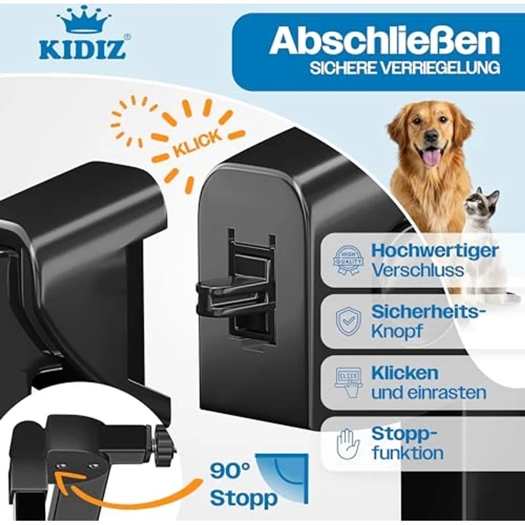 KIDIZ® Schutzgitter für Treppen | Tür, Auto Close Kindertreppengitter ohne Bohren | 90° Stop, Absperr Türschutzgitter, schwenkbare Trennwand, Treppenschutzgitter, Klemmen SCHWARZ BASISTEIL – Bild 3