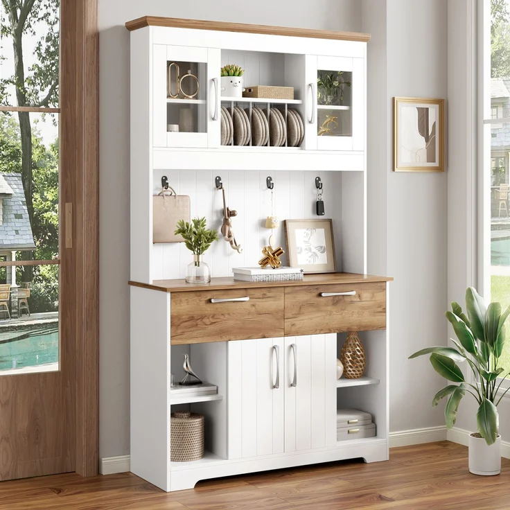Großer Küchenbuffet Schrank mit Stauraum, Küchenschrank mit Vitrinenfächern, 2 Schubladen, Türen und Hakenleiste – Moderner Buffetschrank für Küche, Esszimmer & Flur, 106 × 39 × 176,5 cm--Natur, Weiß--106x39x176.5cm--YOUDENOVA – Bild 6