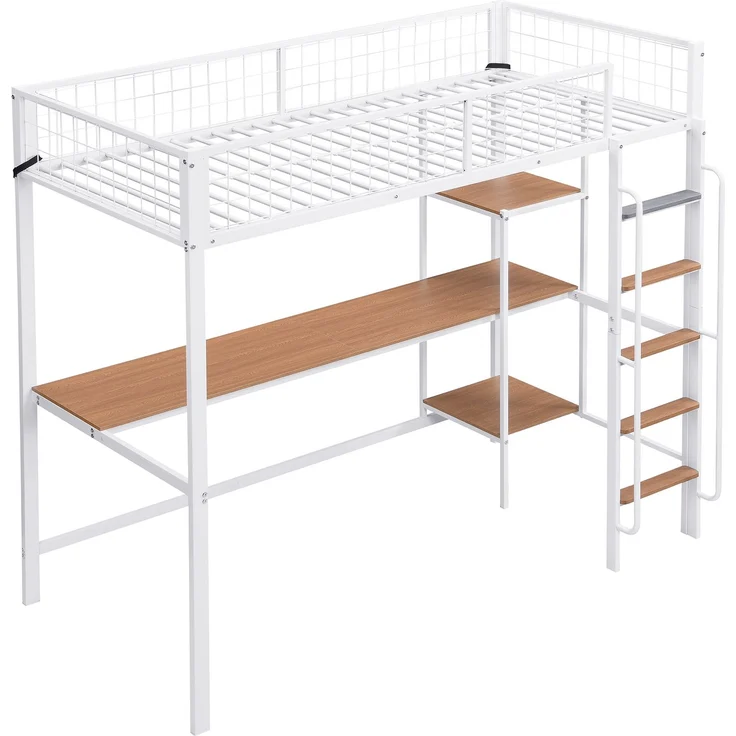 Etagenbett 90×200 cm mit Rausfallschutz, Schreibtisch und Regalen, Weiß/Natur, ohne Matratze – Bild 6