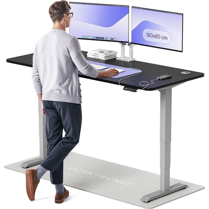 Desktronic HomePro Elektrisch höhenverstellbarer Schreibtisch 180x80cm Grau/Schwarz mit Memory-Funktion, Anti-Kollisions Technologie, USB-A und USB-C-Ladeanschlüssen