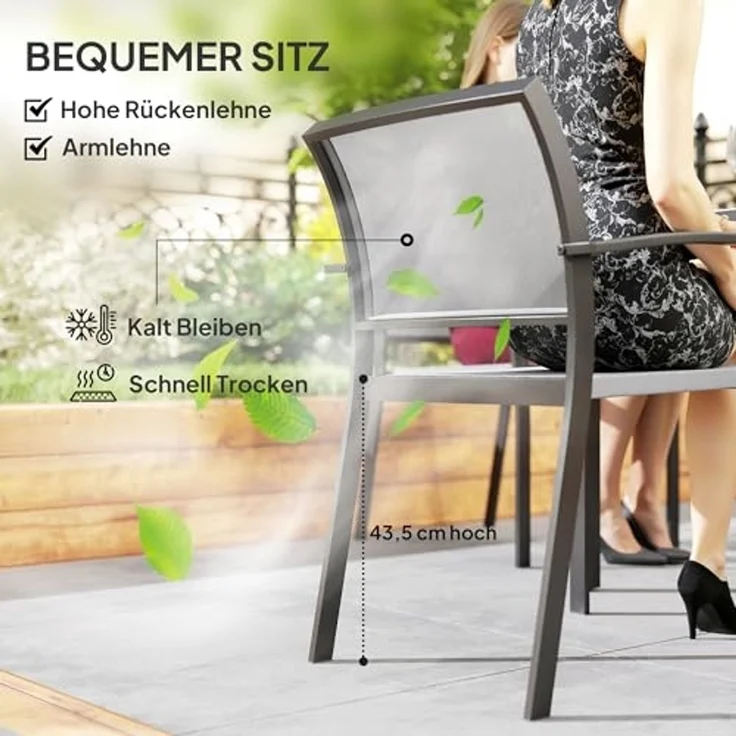 Outsunny Garten-Essgruppe für 6 Personen, Esstisch mit 6 Stapelbare Stühle, (Sitzgruppe, 7-tlg, Esszimmergruppe), mit Stahlgestell, für Terrasse, Balkon Grau – Bild 5