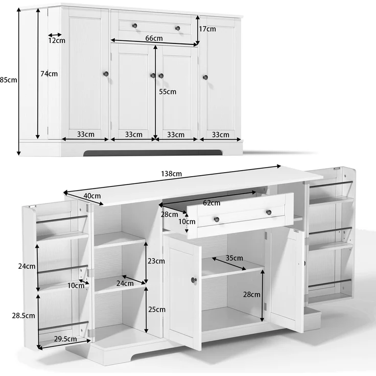 Buffet-Anrichte 85x40x138 cm mit Schublade, Regaltüren und verstellbaren Einlegeböden in Weiß – Bild 5