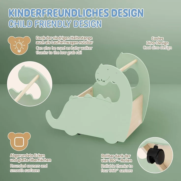 Joyz Spielzeugtruhe Kinderregal Kindermöbel Kinderzimmerregal Spielzeug Spielzimmer Möbel, Dino Spielzeugkiste mit 4 Rollen ideal als Lauflernwagen MDF / Kiefe – Bild 3