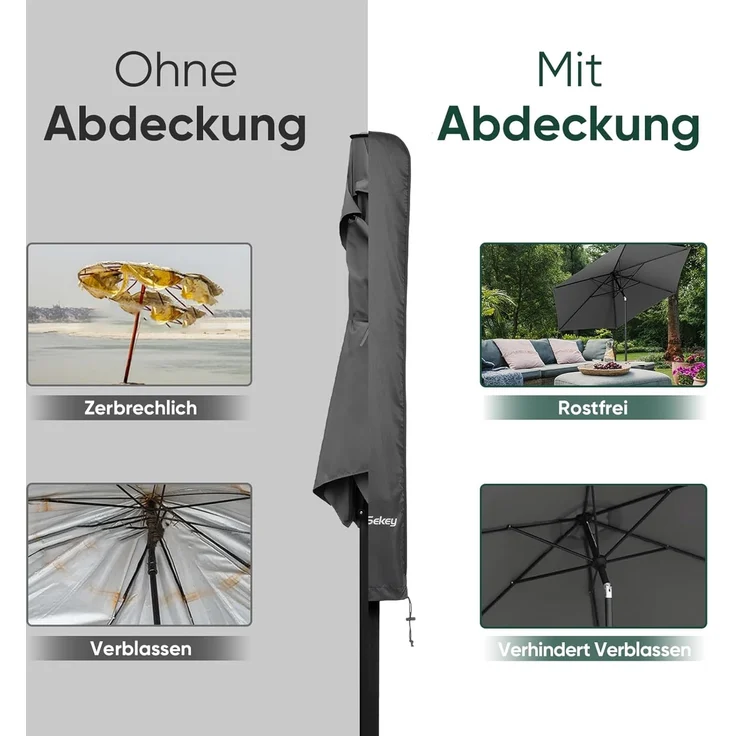 Sekey Schutzhülle für Ø 200 cm / 200 cm × 150 cm / 200 cm × 125 cm Sonnenschirm, Abdeckhauben für Sonnenschirm, 100% Polyester, Wasserdicht & UV-Beständig – Bild 4