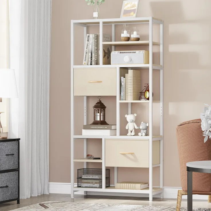 YITAHOME Bücherregal, 7 Regal Standregal mit Schubladen Boden bis zur Decke Lagerregal, industrielle Bücherregal, Stahlregal, geeignet für Wohnzimmer, Büro, Arbeitszimmer, Flur, Küche, Beige