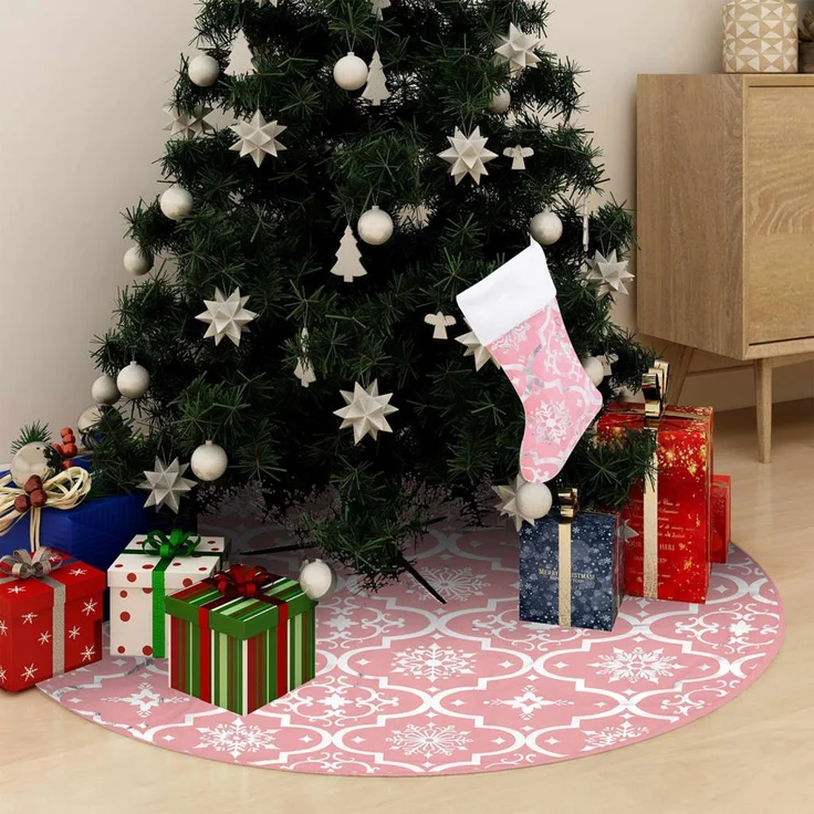 vidaXL Luxus-Weihnachtsbaumdecke mit Socke Rosa 150 cm Stoff 330286 – Bild 1