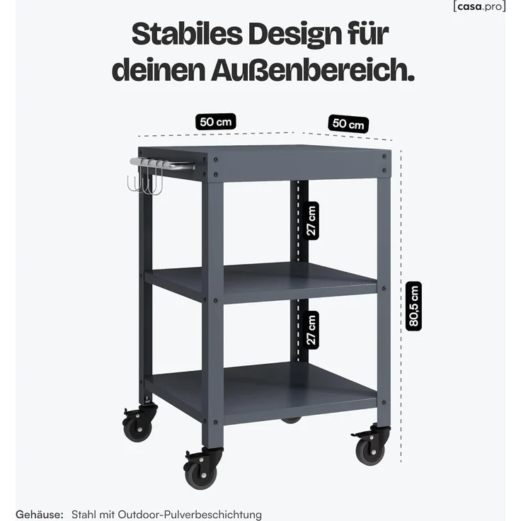 Outdoor Servierwagen Bolognano Stahl 81x50x50 cm Dunkelgrau [casa. pro] – Bild 5