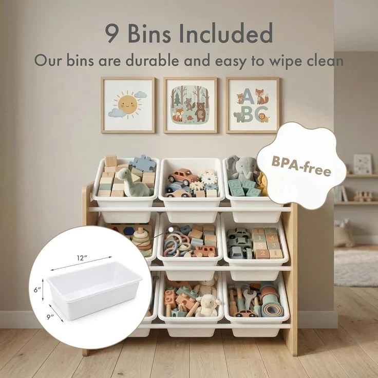 Humble Crew stilvolles Kinderregal aus Holz, Natur/Weiß! 9 Boxen für Spielzeug, ideal für Kinderzimmer. Ordnung mit Charme schaffen – Bild 4