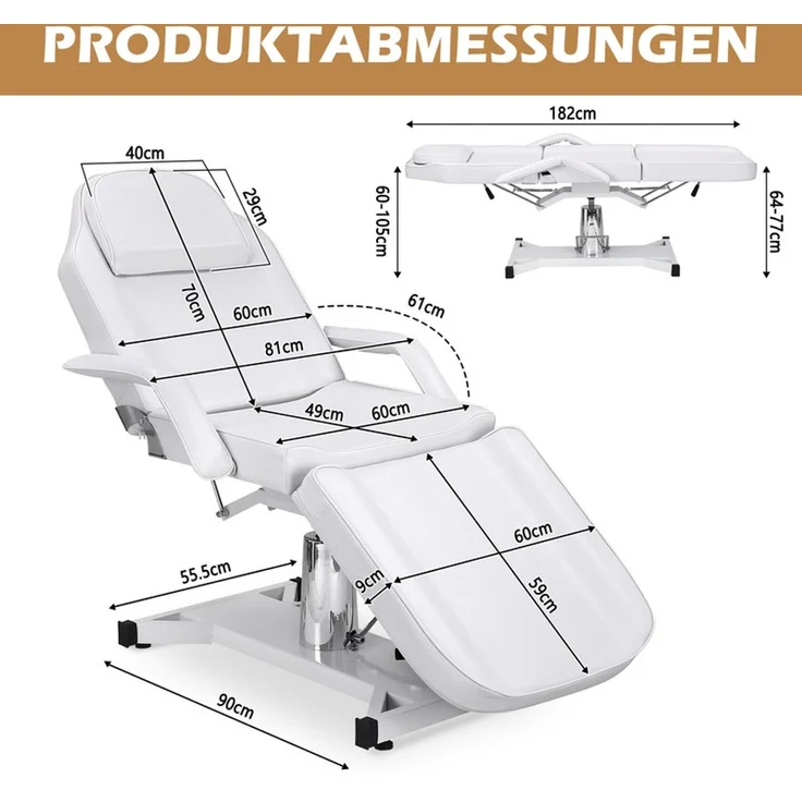 HOME NATURE WOHNKONZEPT Kosmetikliege hydraulisch, klappbare 3-Zonen Massageliege, Tattoo Liege 182x81x64 cm, Weiß – Bild 2