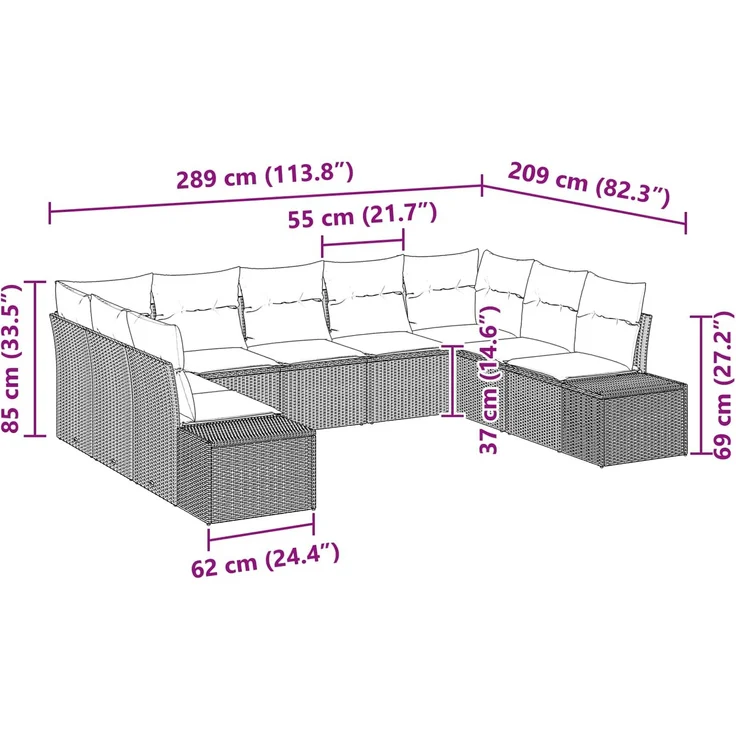 vidaXL Gartensofa-set 9 stk. 8-Sitzer Braun und Rot 3355893 – Bild 12