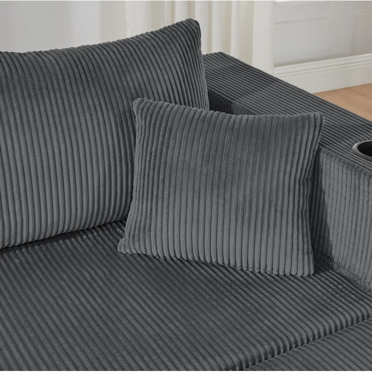 Ecksofa, Cordstoff mit 2 beweglichen Ottomanen & Getränkehaltern, 3-Sitzer, 230×138×75 cm, Grau – Bild 9