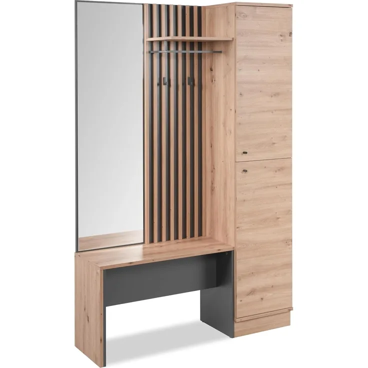 Finori Medan 42B Kompaktgarderobe, Dekor Artisan Oak / anthrazit | Kompaktgarderobe für Flur | Maß: B x H x T ca. 122 x 190 x 37 cm | Kompaktgarderobe mit 2 Türen, Spiegel, Hutablage, Kleiderstange, Bank und 2 Haken