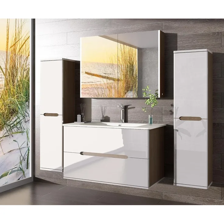 Homeline Badezimmermöbel Set Badmöbel Hochglanz Eiche/Weiß inkl LED Spiegelschrank Waschbecken 90cm (90, 5, 2X Hochschrank)
