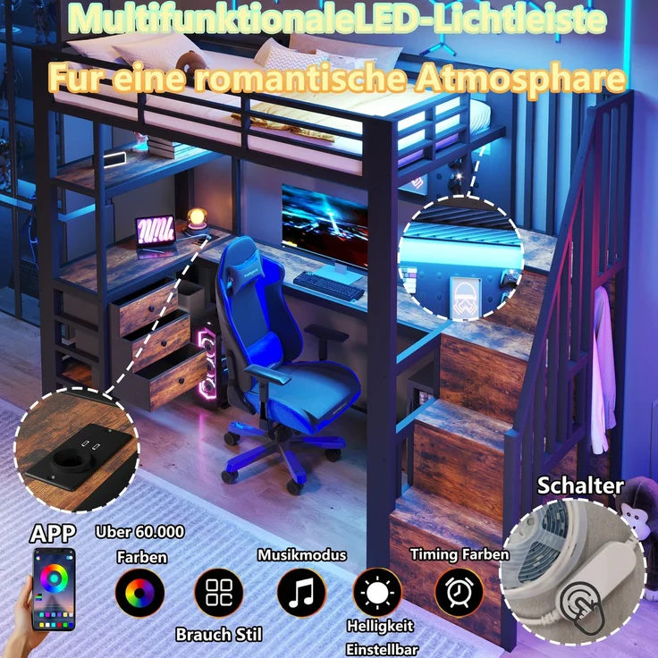 Merax Hochbett, Kinderbett 90 x 200 cm, Einzelbett, Metallbett, mit Ablagefläche, Schublade, Lochwand, Tisch, Steckdose, LED-Licht, ohne Matratze, Schwarz – Bild 8