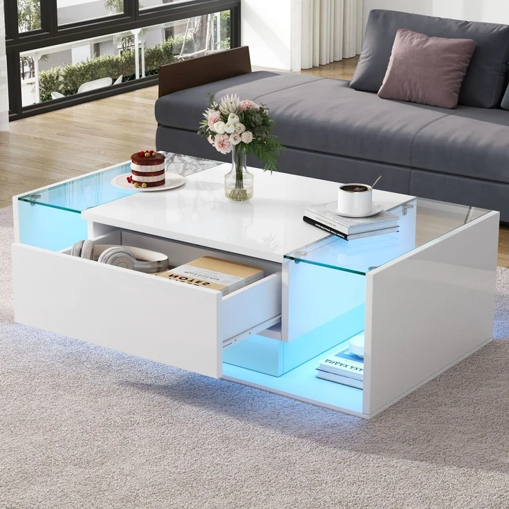 Quadratischer Couchtisch 100 x 50 x 31 cm, Hochglanz Weiß,gehärtetes Glas, 1 Schublade, halboffener Stauraum,mit LED-Lichtleiste – Bild 1