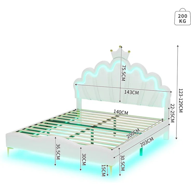 140*200cm Flaches Doppelbett, kronenförmiges Prinzessinnenbett, weiche Polsterung aus PU-Leder, verstellbarer LED-Umgebungslichtstreifen, weiß – Bild 5
