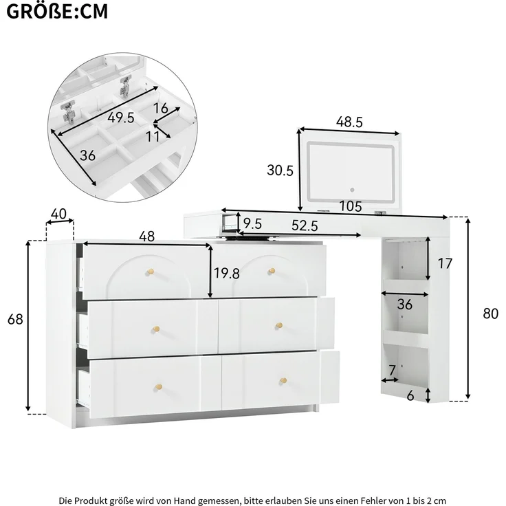 Drehbarer Schminktisch mit LED-Beleuchtung ,Frisiertisch,Bürotisch,weiß,105×40×80cm(old:SKU:N657P24679091W)--Weiß--105x40x80cm--YOUDENOVA – Bild 2